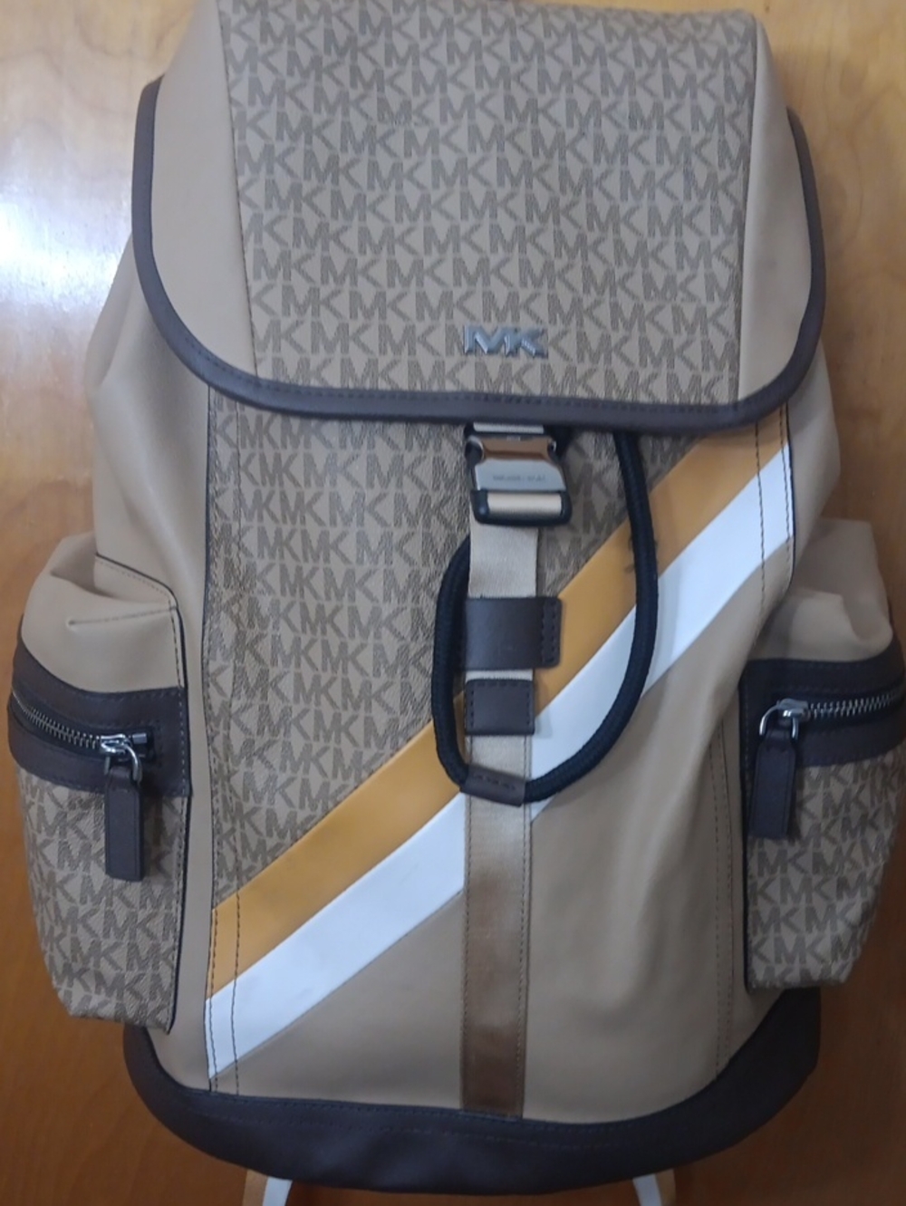 Michael Kors Tan and White Backpack with Mustard Stripe